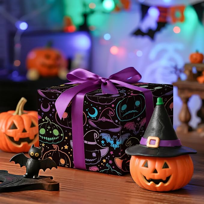 LeZakaa Halloween Pumpkin Wrapping Paper Roll, Neon Pumpkin Witch Hat Bat Pattern in Black, Glow-Like Gothic Kawaii Style Gift Wrap for Spooky Party & Candy Bags, Mini Roll 17 in x 16.4 Ft