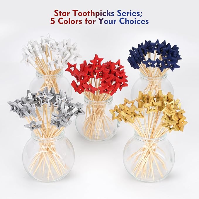 Minisland Big Red Star Cocktail Picks, 5.5 Inch Long Bamboo Fancy Toothpicks for Appetizers, Decorative Christmas New Year Holiday Party Food Drinks Garnish Fruit Skewer Sticks 50 Counts - MSL432
