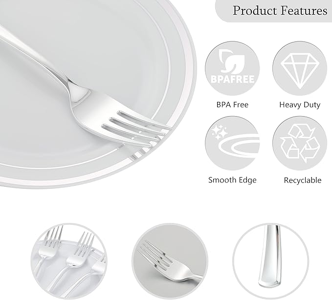 200pcs Silver Dessert Plates with Forks for 100 Guests-100pcs 7.5" Disposable Silver and White Small Plates with 100pcs 7.4" Forks-Cake/Appetizer/Salad Plate for Wedding,Birthday,Party
