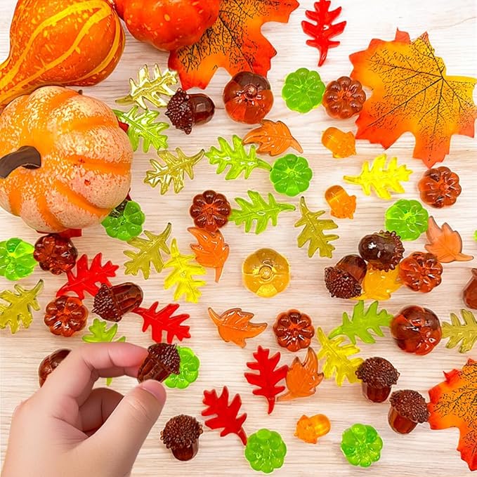HappyFiller Fall Thanksgiving Autumn Harvest Decoration 135 Pcs Sensory Bin Filler,Small Acrylic Pumpkins,Acorns,Leaf Beads,Table Scatters Gems,Vase Fillers,Home Accents,Brown Yellow Orange Green Mix