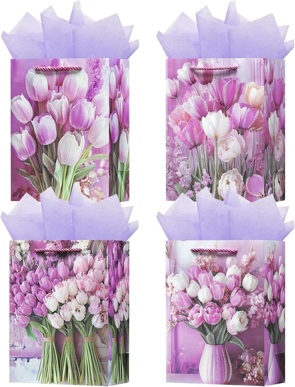 OFIHANLY 4 Pack 9" Small Size Floral Gift Bag with Handles for Women Birthday Purple Tulip Paper Gift Wrap Bags with Tissue Paper for Happy Mother's Day, New Mom, Grandma