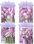 OFIHANLY 4 Pack 9" Small Size Floral Gift Bag with Handles for Women Birthday Purple Tulip Paper Gift Wrap Bags with Tissue Paper for Happy Mother's Day, New Mom, Grandma