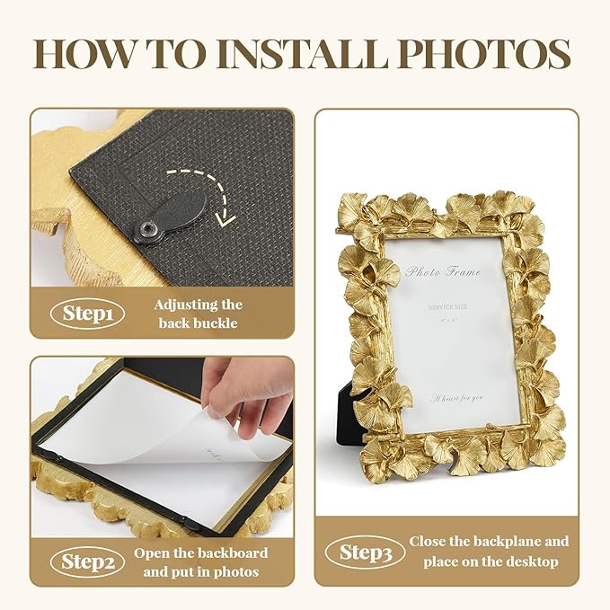 Cuspin Gold Picture Frame 4x6 Vintage Gold Frames, Ornate Leaf Textured Hand-Crafted Resin with Glass Front Antique Photo Frame for Tabletop Display, Retro Design Home Decor