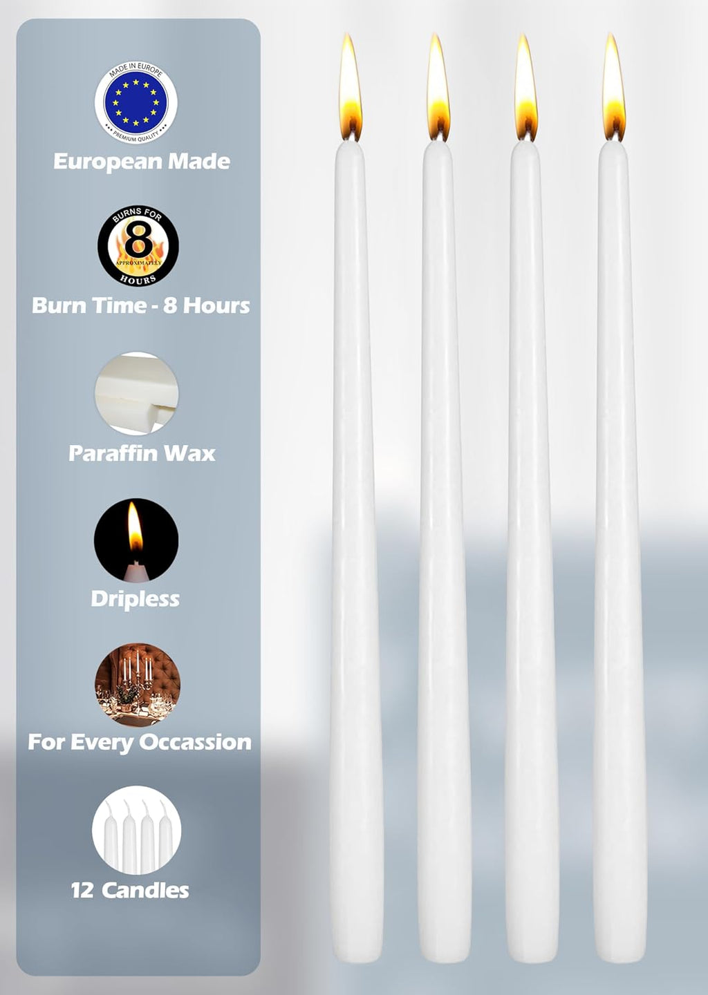 Hyoola 12 Pack Tall Taper Candles - 10 Inch White Dripless, Unscented Dinner Candle - Paraffin Wax with Cotton Wicks - 8 Hour Burn Time