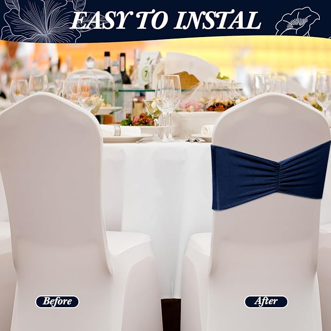 Moukeren 100 Pcs Spandex Chair Sashes Bows Bands Slider Sashes for Chair Covers Elastic Bands Ties Ribbon Decorations for Wedding Party Events Ceremony Birthday Banquet(Navy Blue)