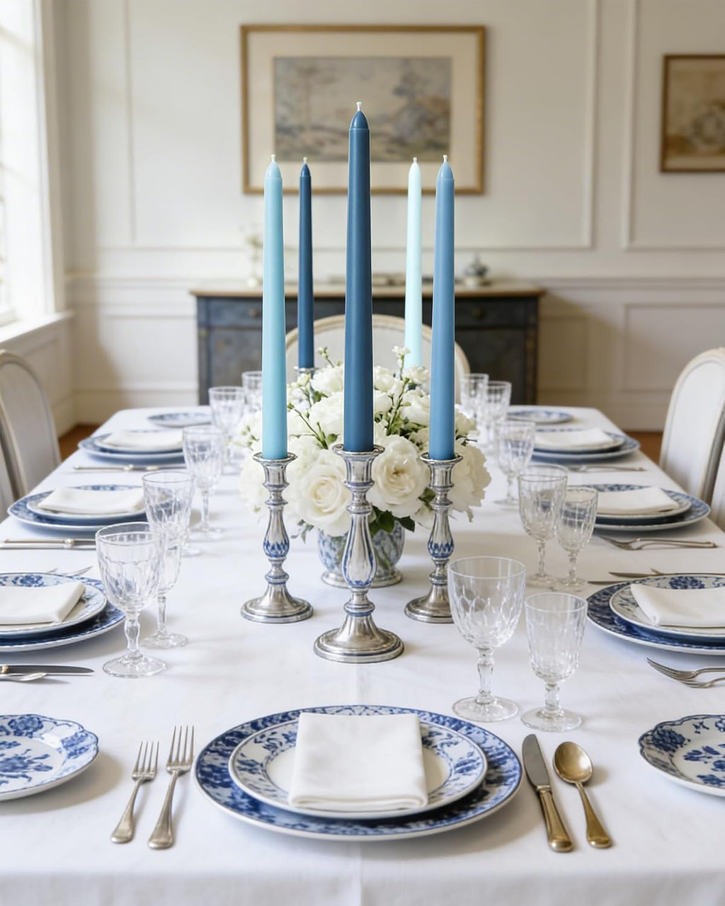 Viyffo 10 Inch Taper Candles, 12 Pack Blue-Unscented, Dripless Design– Long Tall Tapered Candlesticks for Wedding, Dinner, Holiday, Party, Home Decor Natural Color Series