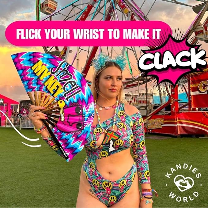 Kandies World Custom Festival Folding Hand Fan - Unique Designs, Made of Bamboo, Clacking Sound, Lightweight - Perfect Rave and Festival Accessory!