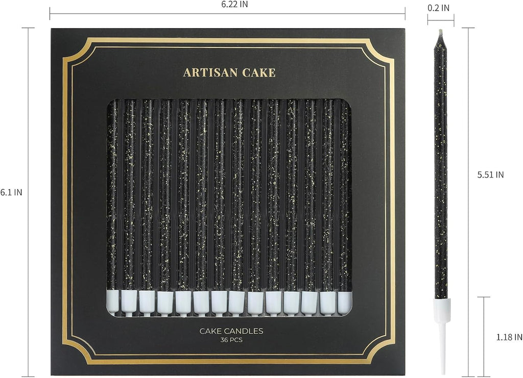 36-Count Black Glitter Long Thin Birthday Candles, Cake Candles, Birthday Parties, Wedding Decorations, Party Candles