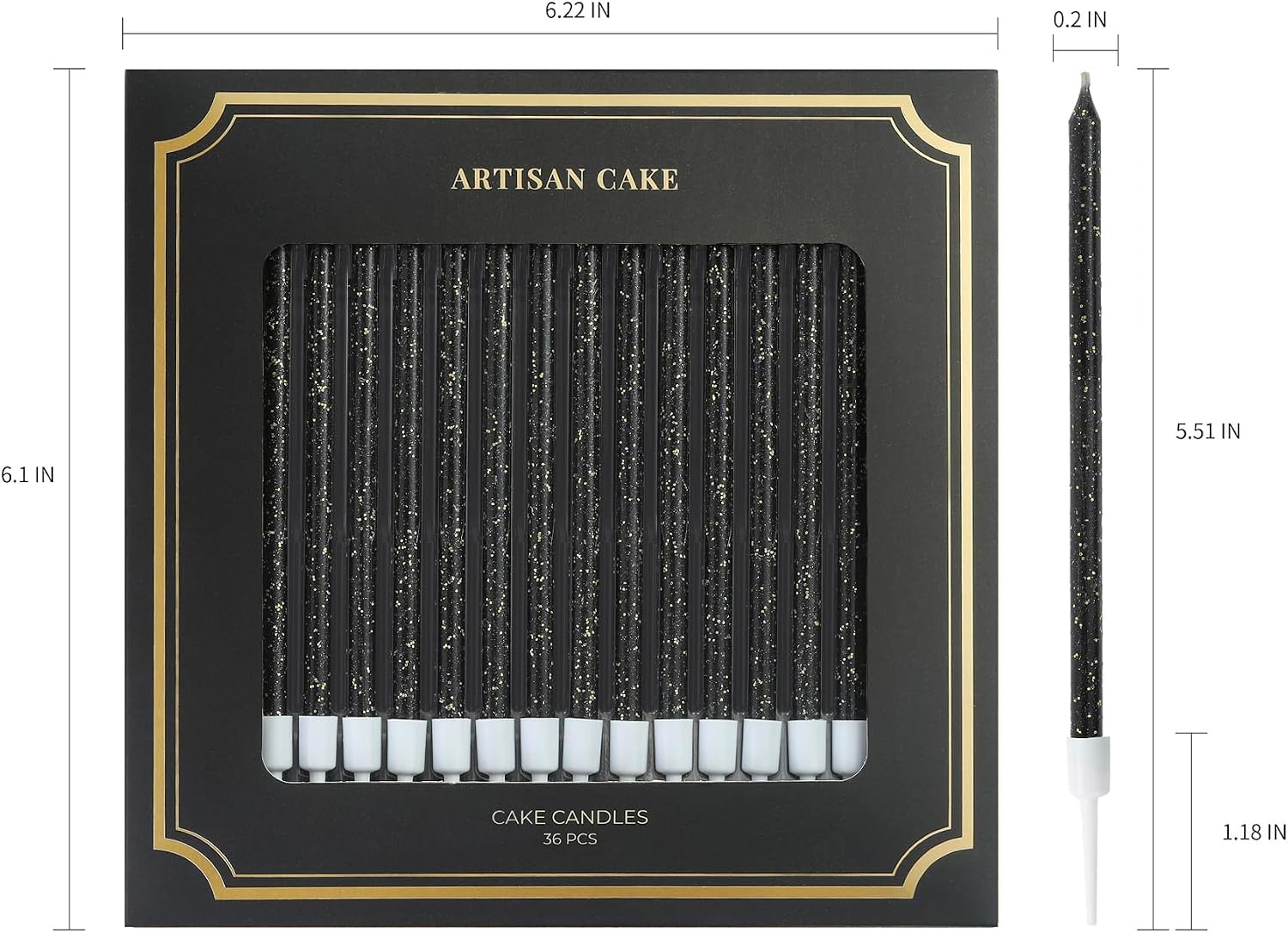 36-Count Black Glitter Long Thin Birthday Candles, Cake Candles, Birthday Parties, Wedding Decorations, Party Candles