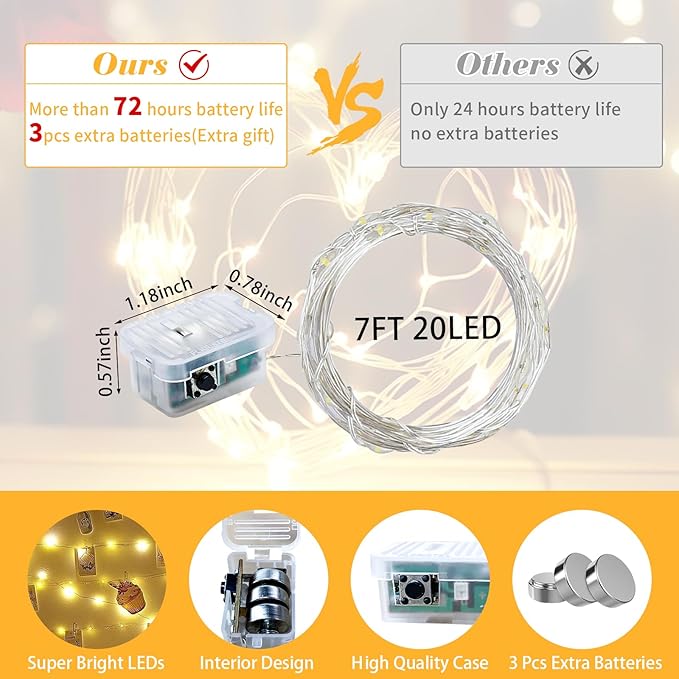 50 Pack Fairy Lights 7Ft 20 LED Twinkle String Lights 3 Modes Battery Operated Waterproof Firefly Starry for Mason Jar Party Wedding Christmas Valentines Day Table Centerpieces,Warm White