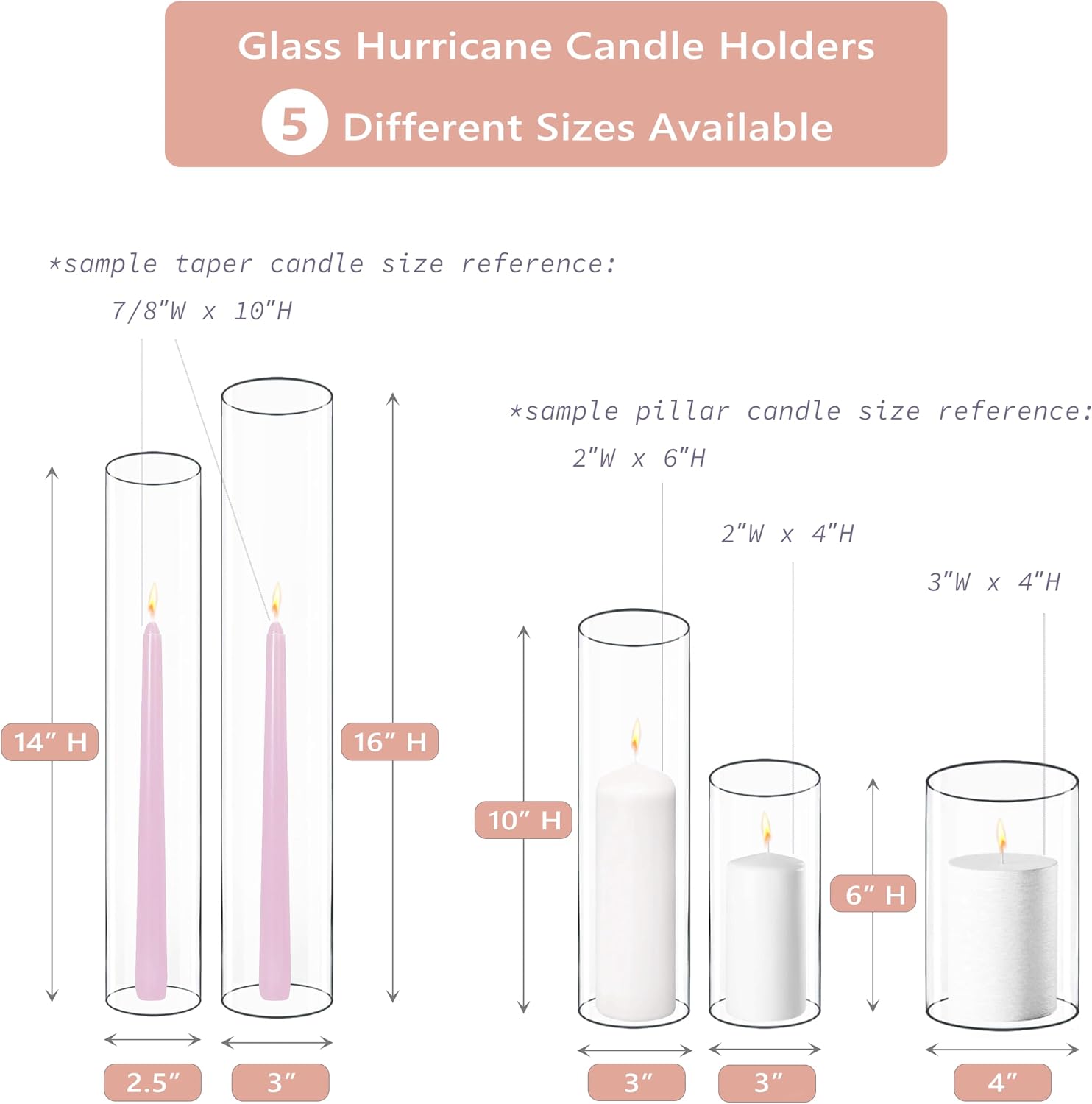 CYS EXCEL 6 PCS Glass Hurricane Tubes (H:14" D:2.5") - Fits Candles up to 2" Wide, Requires Holder Base 2.75" or Wider