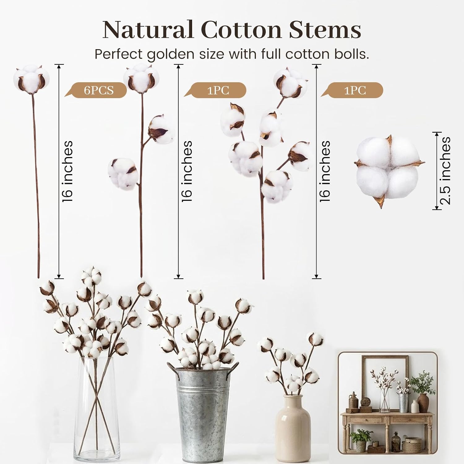 DomeStar Cotton Stems 8 Packs with 15 Bolls, Natural Dried Flowers Cotton Sprigs for Vase Fillers and Floral Arrangements - Fall Decorations and DIY Crafts