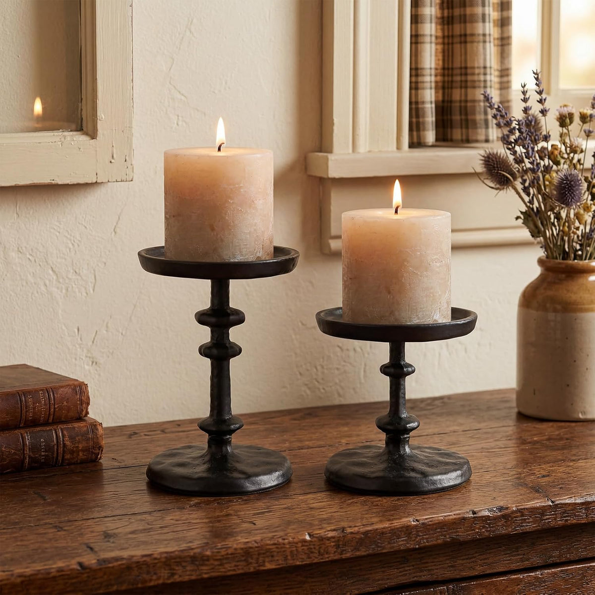 Black Cast Iron Pillar Candle Holders Set of 2 Farmhouse Candlesticks