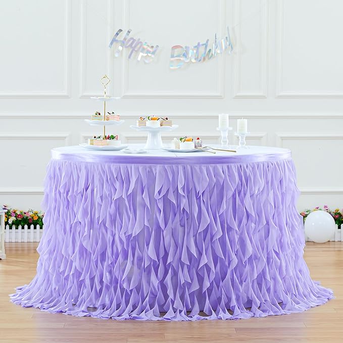PARTISKY Lavender Purple Tulle Curly Willow Table Skirt for Rectangle Table 6ft, Ruffle Tutu Table Cloth for Girls Boys Baby Shower,Mermaid Birthday Party