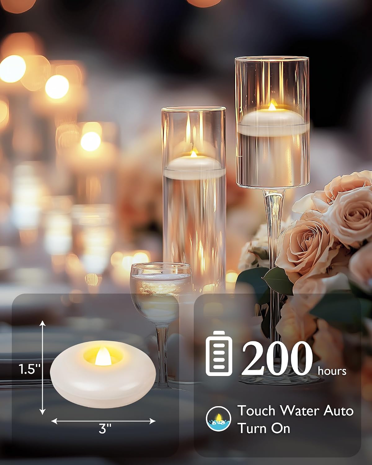 5plots 24Pack 200 Hour Flameless Floating Candles, 3 Inches White Waterproof Led Tealights for Wedding Vases Centerpieces Party Proposal Pool Decor Decoration
