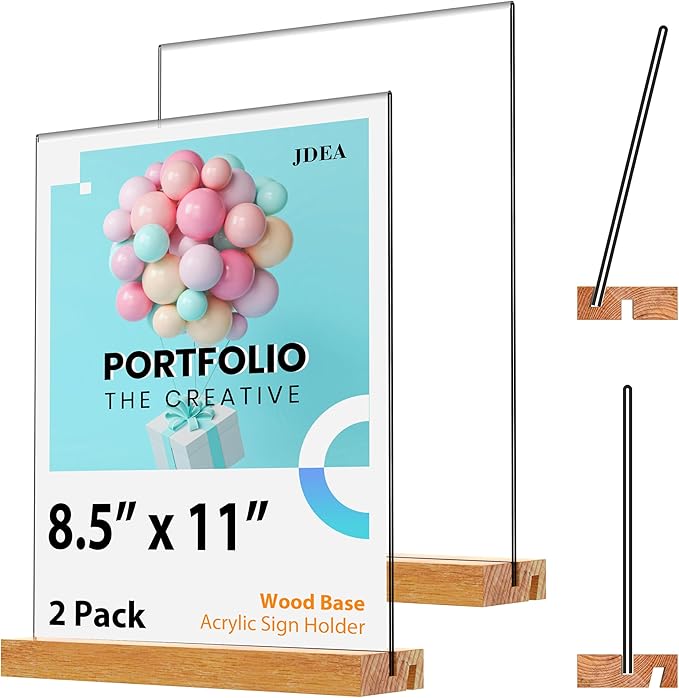 Acrylic Sign Holder with Wood Base 8.5x11 Inch Vertical and Slant Displays (2 Pack 8.5*11")