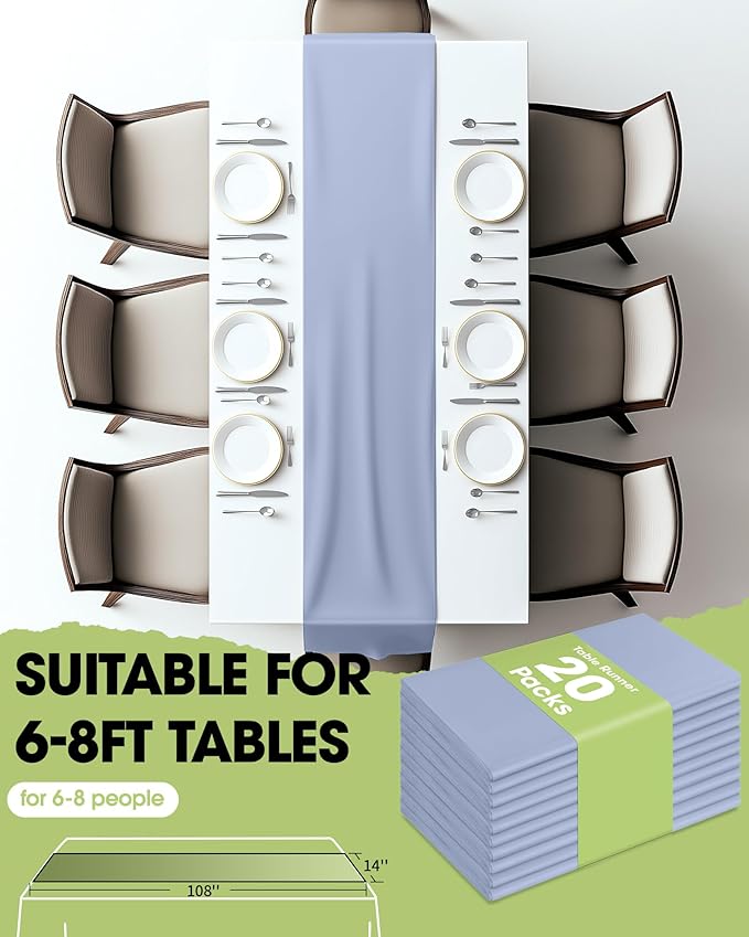 Pureegg Dusty Blue Plastic Table Runners - 20 Pack, 14'' x 108'', Water Resistant & Disposable Centerpiece Decorations for Table Cloth, Wedding, Birthday, Holiday, Baby Shower, Party, Home Decor
