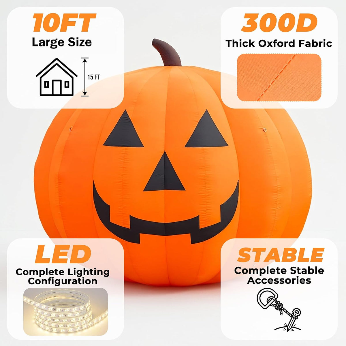 giant 10ft halloween inflatables pumpkin decorations, blow up showing dimensions