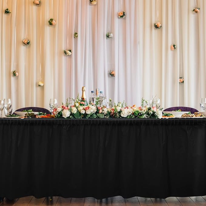TURSTIN 2 Pieces Black Plastic Table Skirts 14 x 29 Feet for Rectangle Tables Fitted Tablecloth Disposable Table Cover for Birthday Party, Events, Banquette Baby Shower