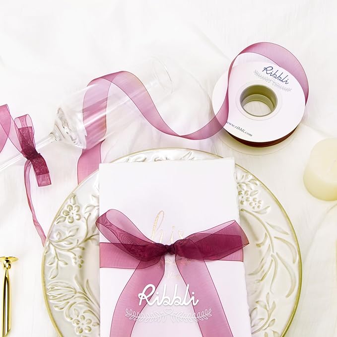 Ribbli Wine Red Organza Ribbon,1/2 Inches x Continuous 50 Yard,Wine Sheer Ribbon for Gift Wrapping,Cookie Wrapping,Wedding Decoration,All Crafting and Sewing