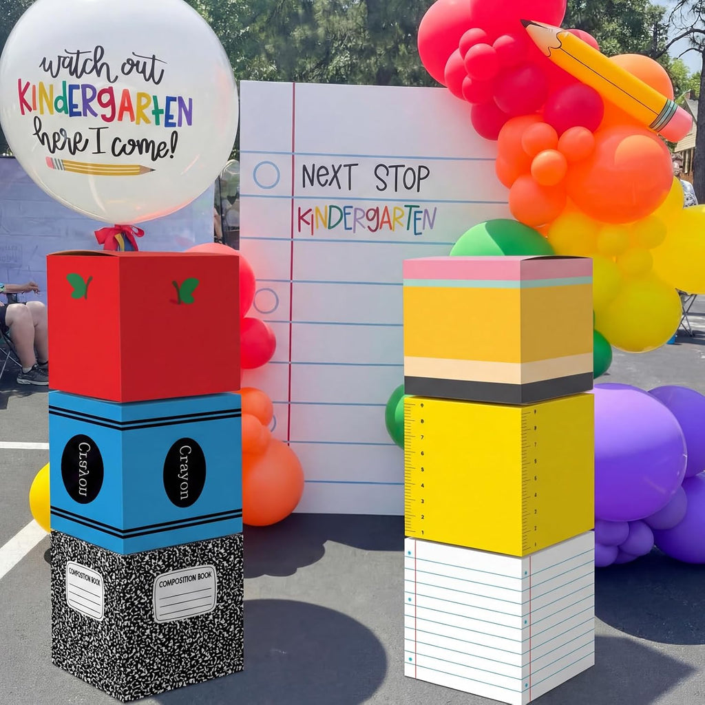 Kolldenn 6 Pcs Back to School Balloon Box Decorations, First Day of School Decoration Include Composition Notebook Pencil Crayon Theme for Preschool Kindergarten Classroom Party Photo Booth Props