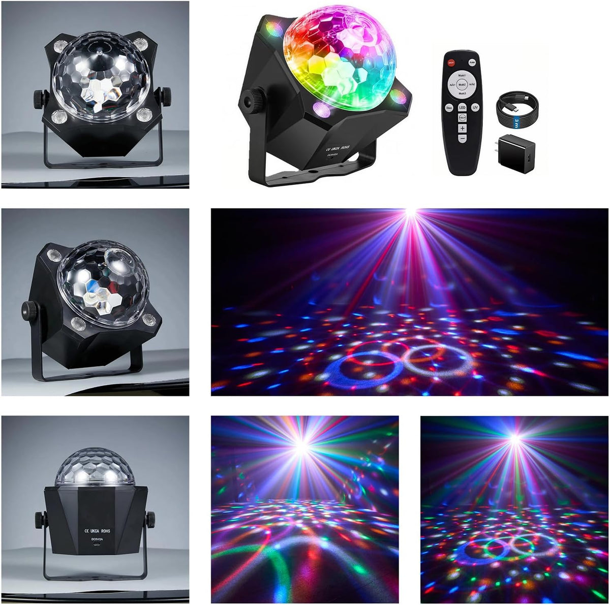 LED Disco Ball Party Light, Sound Activated Remote, 6 Color Strobe Lamp