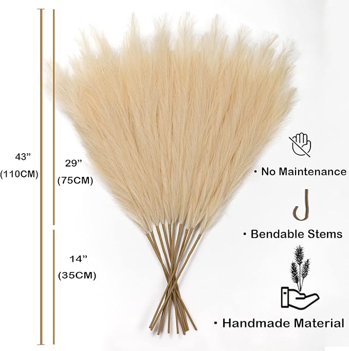 EVODIS Faux Pampas Grass 6 Stems, Artificial Pampas Grass - 43 inch Total Extra Large Pompass Grass Tall Pompous Boho Flower Arrangement and Floor Vase Filler Home Decor for Room Wedding Party