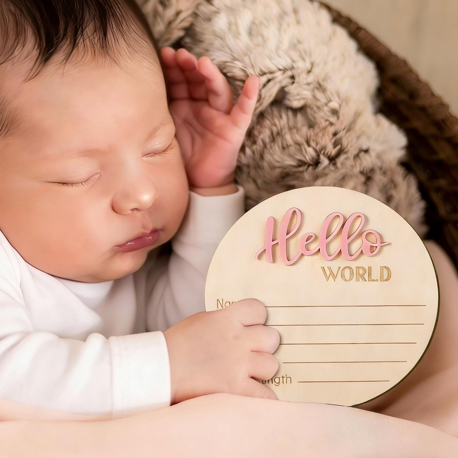 Baby Announcement Sign, 5.9in Wooden Hello World Newborn Signs Birth Announcement Sign Welcome Name Plaques for Newborn Boys and Girls Photo Props Baby Shower Hospital Nursery (Light Pink)