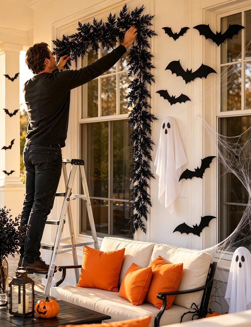 5.91 ft black halloween cedar pine garland, realistic, side view