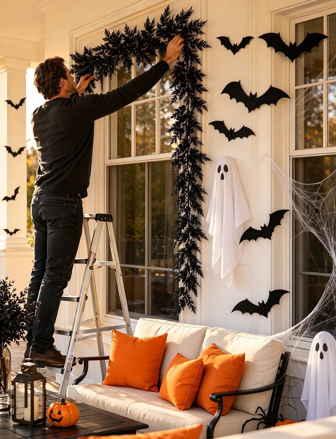 5.91 ft black halloween cedar pine garland, realistic, side view