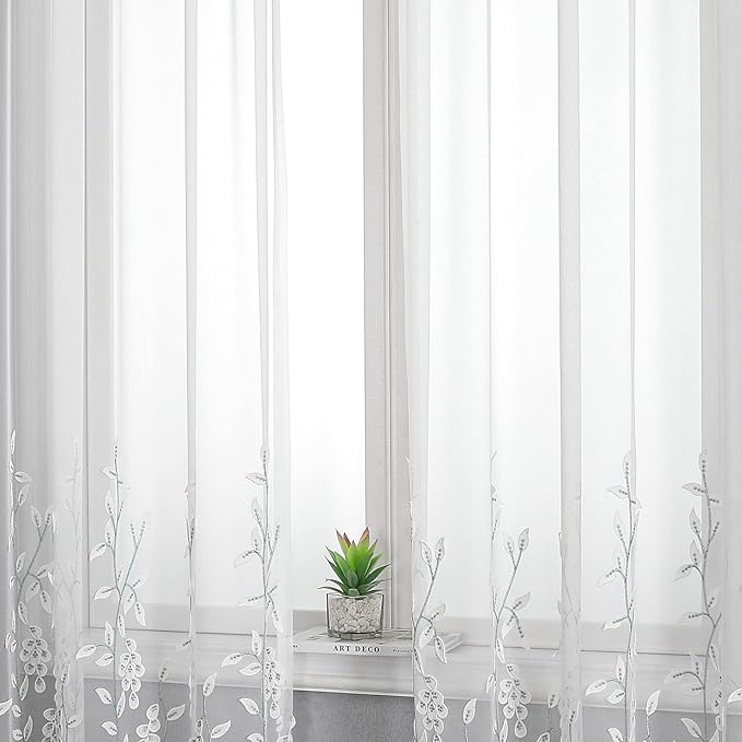 VISIONTEX White Sheer Voile Curtains, Decorative White Embossed Leaves Rod Pocket Window Drapes for Home Kitchen, Living Room and Bedroom 54 x 84 Inch, Set of 2 Curtain Panels