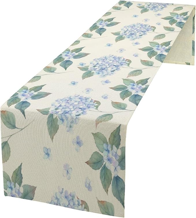 Spring Hydrangea Flower Table Runner, Seasonal Summer Plants Watercolor Blue Florals Dinner Runner for Home Kitchen Dining Table Party Holiday Decoration 13"x36"