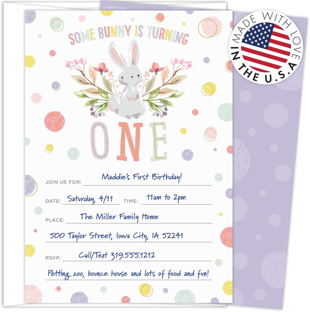 Koko Paper Co Some Bunny is Turning One First Birthday Party Invitations | 25 Invitations and Envelopes | Printed on Heavy Card Stock.