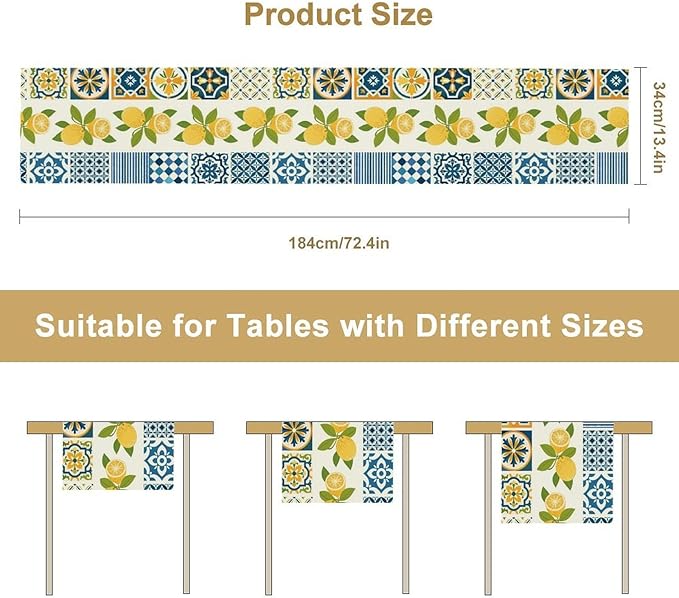 Lemon Table Runner,Watercolor Blue Fruits Green Leaves Print Table Cloth Kitchen Dining Table Home Party Decoration 13x72 Inch