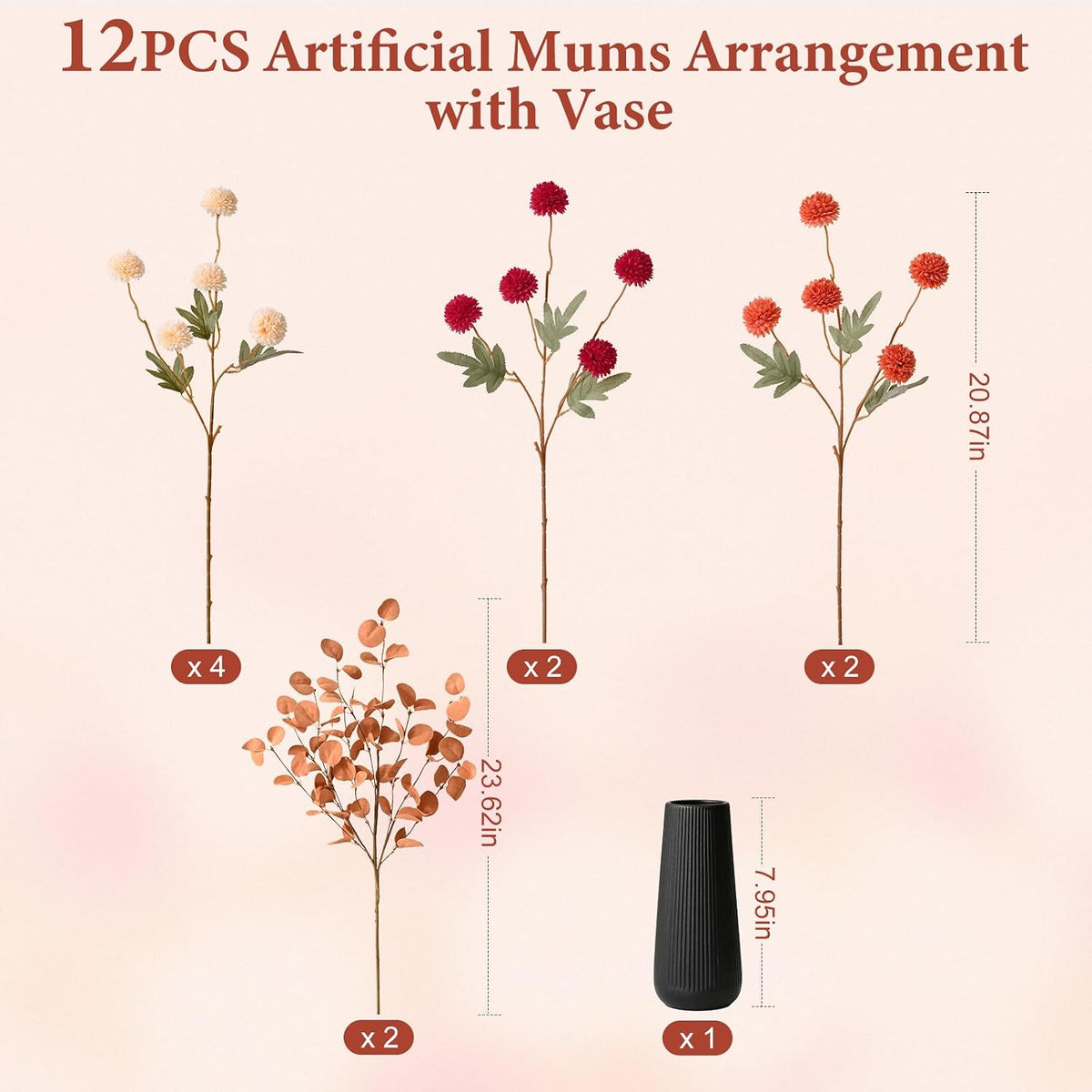 12 Pcs Realistic Fall Flowers Fake Mums with Vase, Full Silk Pompon Bulk