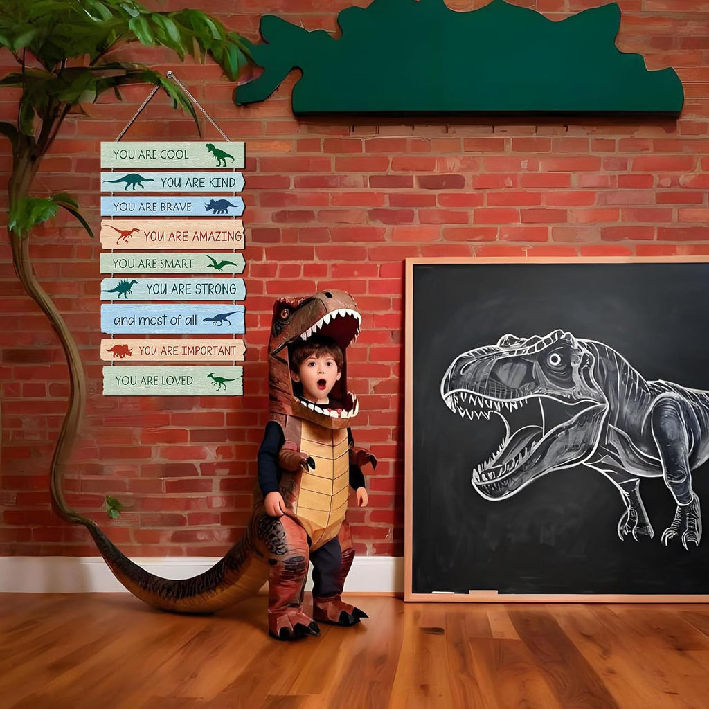 Dinosaur Wall Decor for Boys Room, 9-Piece Inspirational Wooden Signs with Positive Affirmations, Dino Nursery Decor for Toddler Kids Bedroom, Baby Boy Room Art with Motivational Quotes