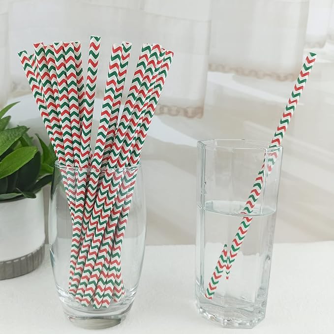 YAOSHENG Premium Disposable Waves Striped Drinking Paper Straws, Pack 100 Red and Green Waves Paper Straws for Cocktail Party Supplies,Birthday,Bridal/Baby Shower,Juice,Shakes (Red & Green Waves)