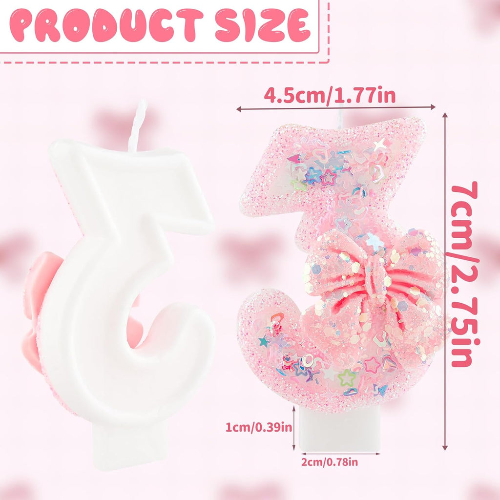 Pink Glitter Candle with Bow, Cute 5th Birthday Cake Topper, Number Candle with Confetti & Star Heart Decorations, Sweet Themed Birthday Party Supplies for Girls, Anniversary & Celebration Decor