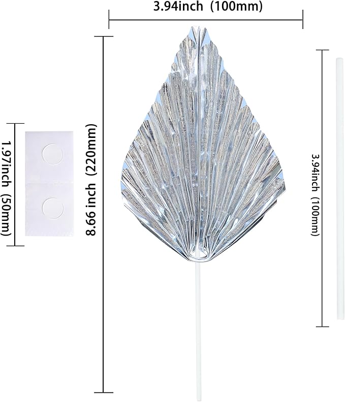 Ephlyn 6Pcs Paper Palm Leaves Fan Cake Toppers Palm Leaf Fan Cake Picks Craft DIY Fan Cupcake Toppers Palm Spear Leaves Cake Decorations for Baby Shower Wedding Birthday Party Supplies Bright Silver