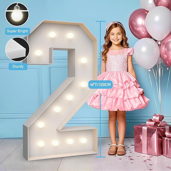 4FT Marquee Light Up Numbers 2,Party Decoration Large Marquee Light Up Letters with Weighted Water Bag,Pre-cut Foam Board Set Can Be Used for Birthdays,Weddings,Baby Anniversaries