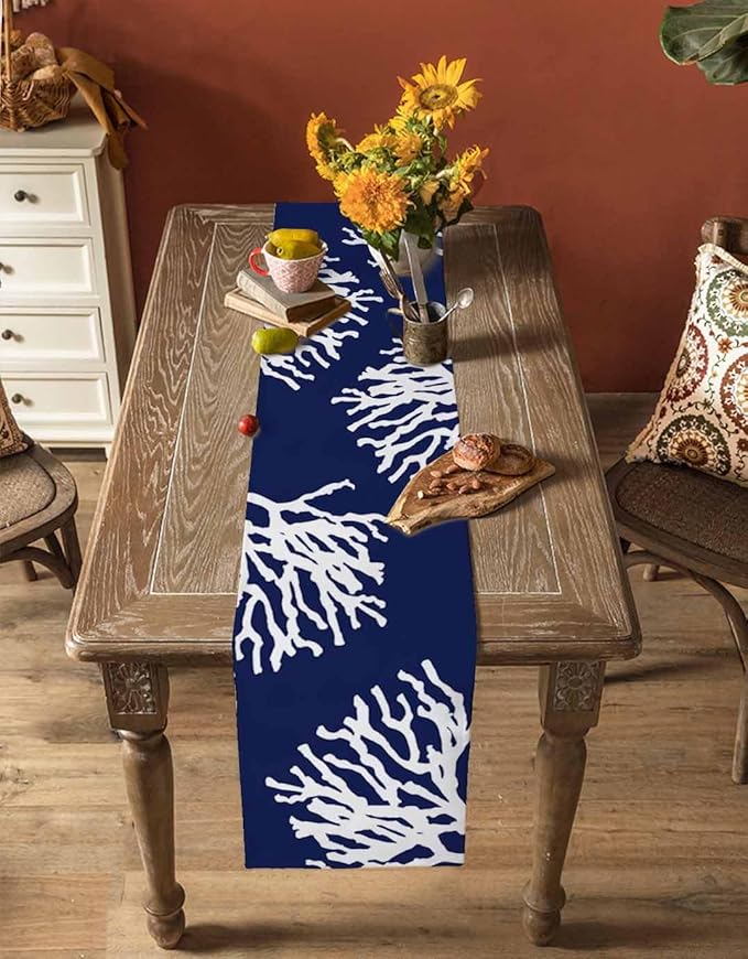 Coastal Coral Cotton Linen Table Runner for Dining Kitchen, Wedding Outdoor Party Tablerunners Decoration, Navy Blue Nautical Ocean Beach Dresser Scarf Coffee Tablecloth Runners 13x72 Inches