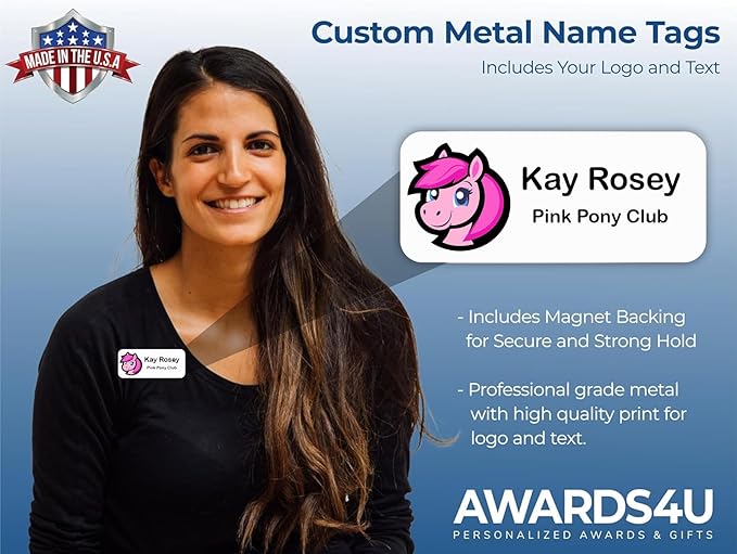 Custom Name Tag with Logo - Personalized Name Badge with Magnet Backing - Choose Your Size and Color (White Metal 3"x1.25" - Logo on Left)