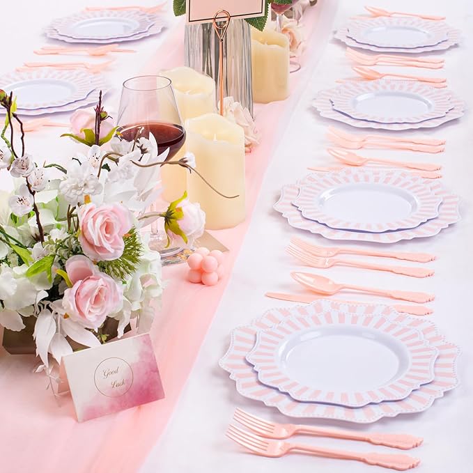 COLOSUS 150pcs Disposable Pink and White Stripped Plastic Plates and Silverware set, Light Pink Dinner/Dessert Plates silverware serve 30guests for Easter day, Wedding Party and Daily use.
