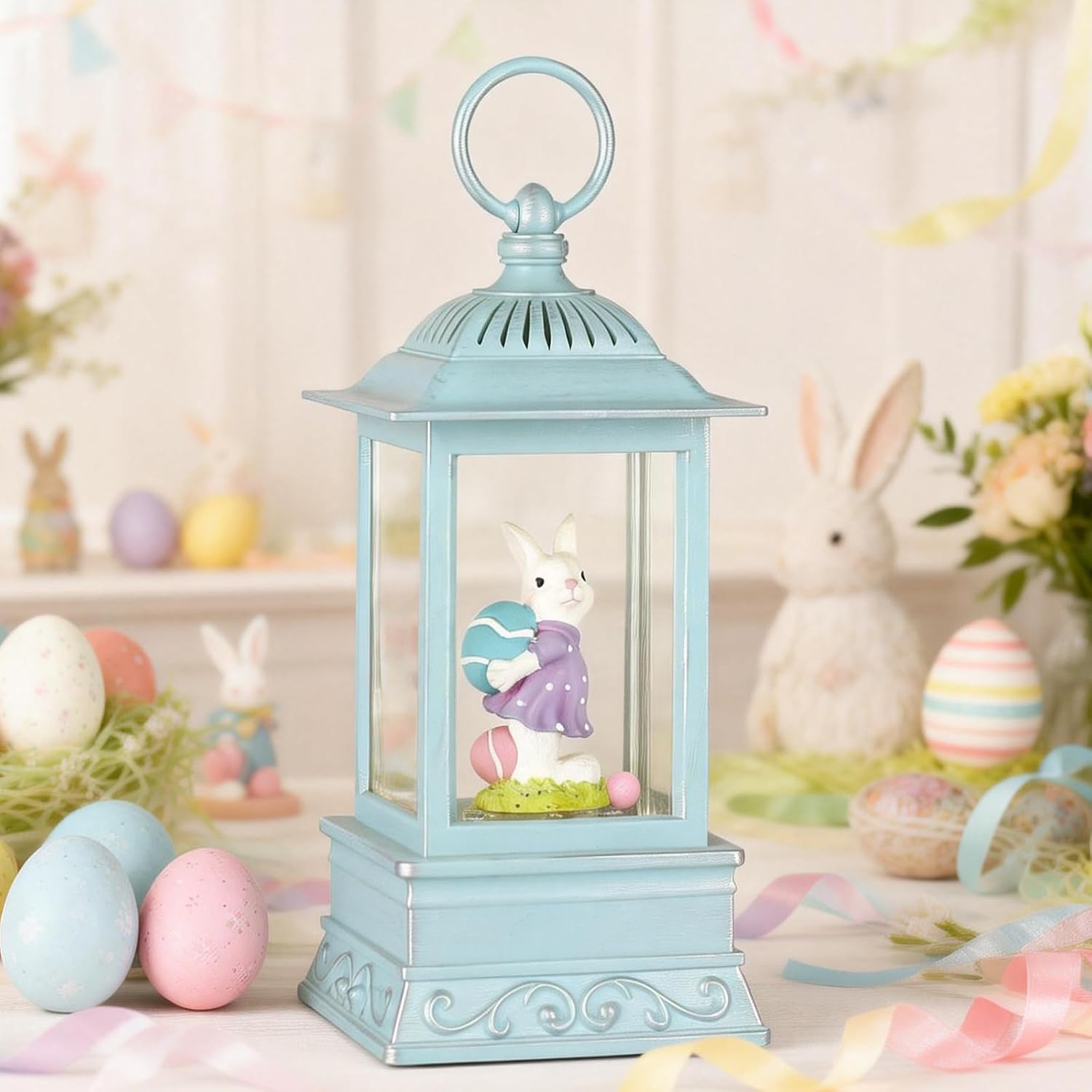 Easter Snow Globe, Easter Decorations for The Home, Lighted Glitter Bunny Snowglobe Lantern for Spring Home Decor