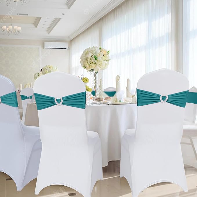 Howhic Pack of 60 Spandex Chair Sashes Bows Stretch Chair Cover Band with Buckle Slider Universal Elastic Chair Ties for Wedding Banquet Party Event Decoration (Turquoise)