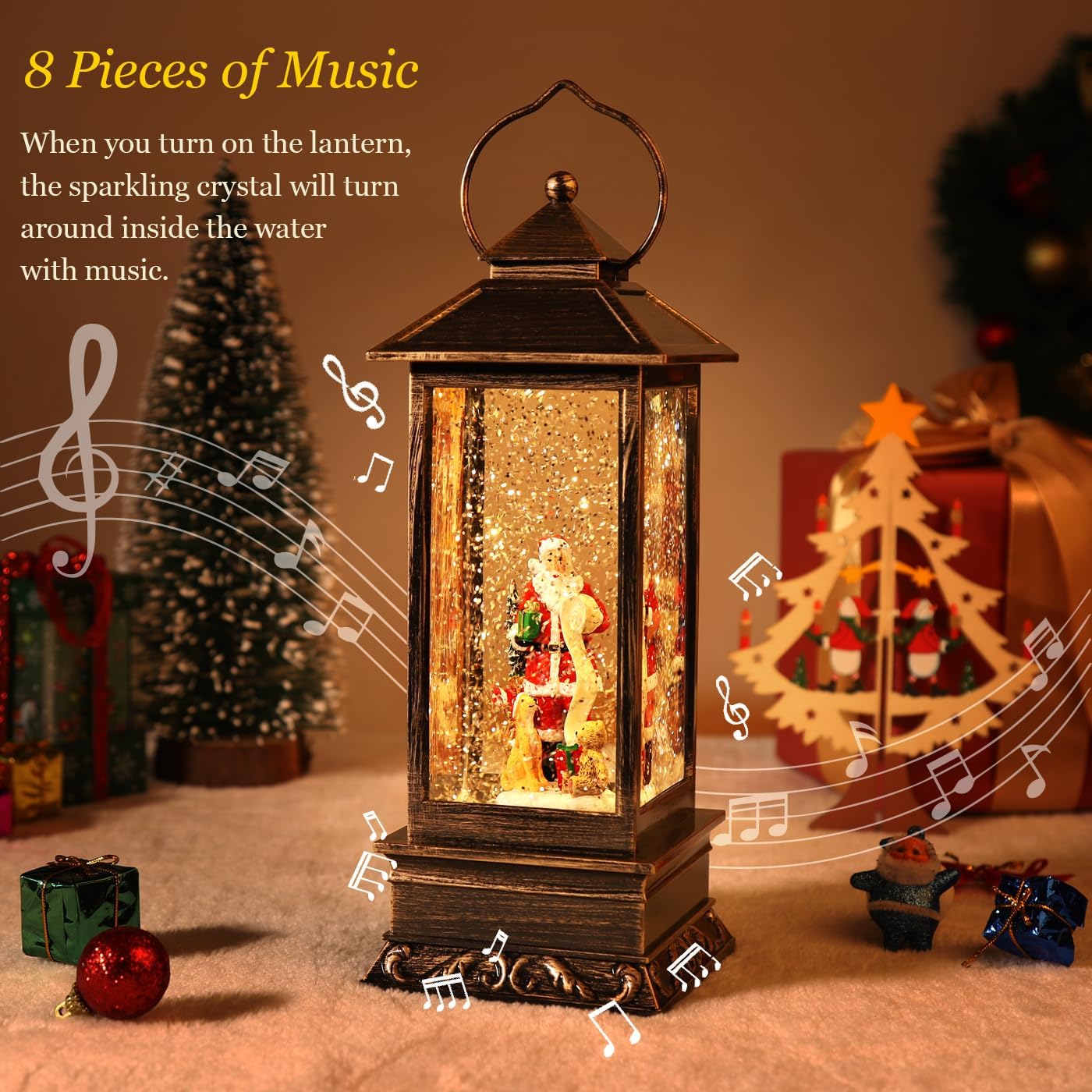 Christmas Snow Globe Lantern Crystal Glitter Lantern Features 8 Songs and 6-Hour Timer Function Ideal for Holiday Decorations and Gifts USB and Battery-Powered Snow Globe (Santa Claus)