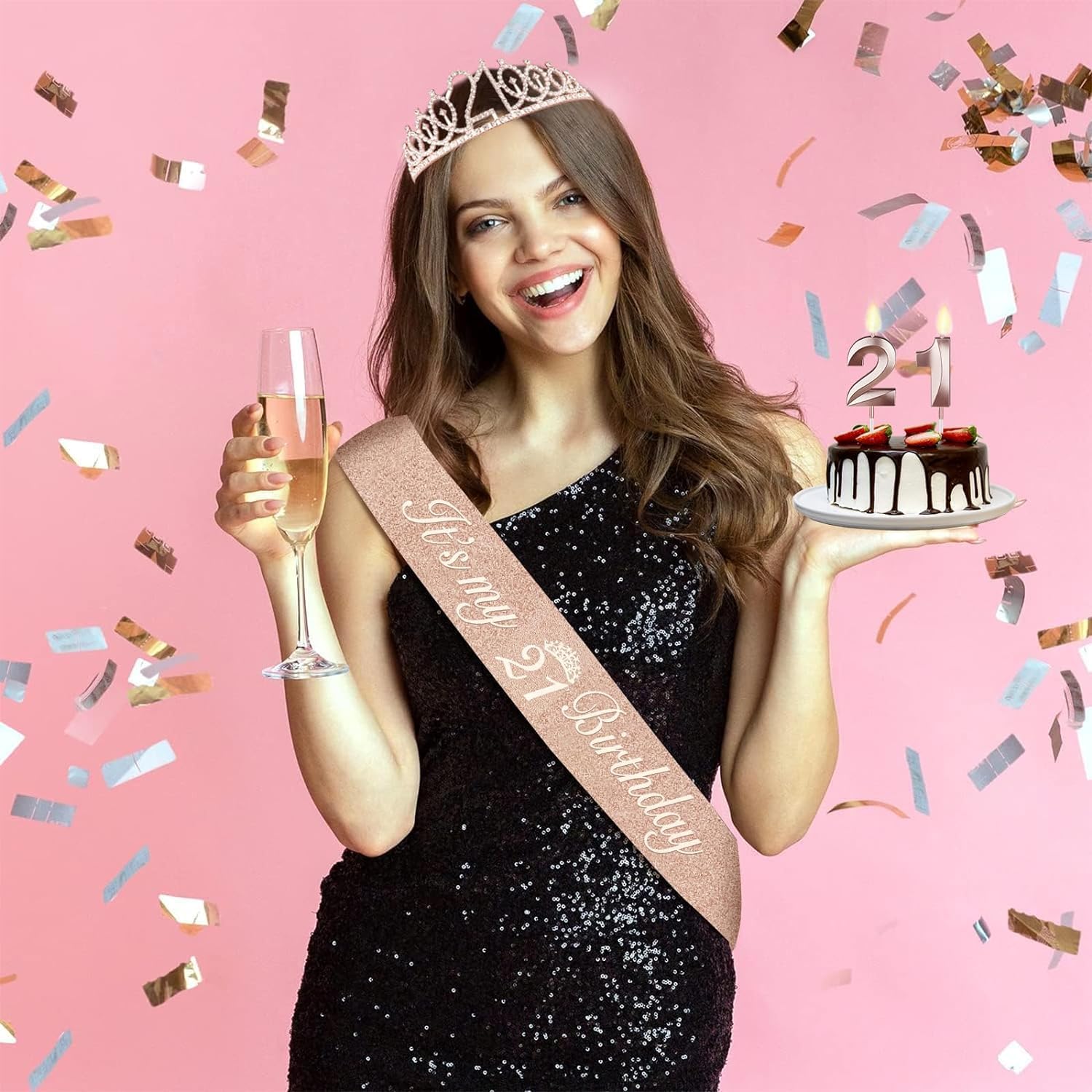 21st Birthday Decorations for Her, Include 21st Birthday Sash and Tiara, Cake Topper and Candles, Number Balloons, 21 Year Old Gifts for Her