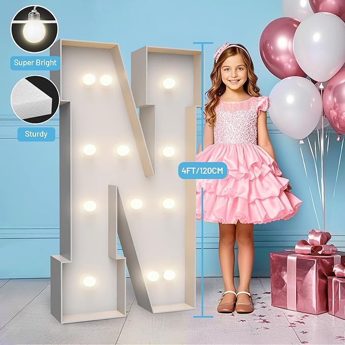 4FT Marquee Light Up Letters N,Party Decoration Large Marquee Light Up Letters with Weighted Water Bag,Pre-cut Foam Board Set Can Be Used for Birthdays,Weddings,Baby Anniversaries