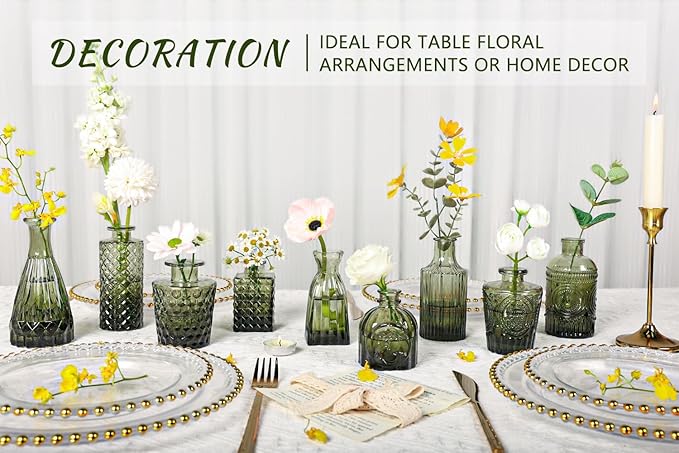 12pcs Glass Bud Vase Set, Small Green Flower Vases for Centerpieces in Bulk, Mini Vintage Vase for Wedding, Home,Table Decoration