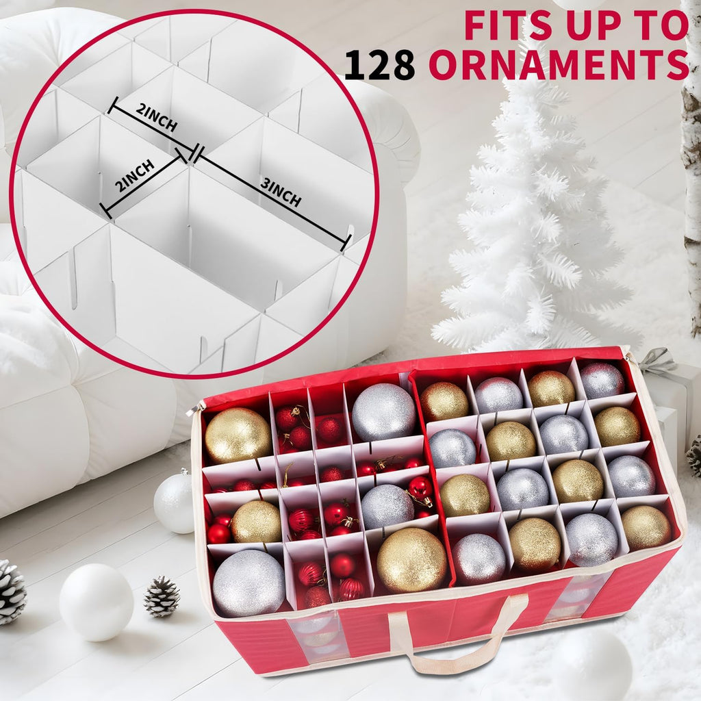 DIMESHY Large Christmas Ornament Storage Box With Adjustable Dividers,Ornament Storage Container with Two Handlesfor 128 Holiday Decorations,Red